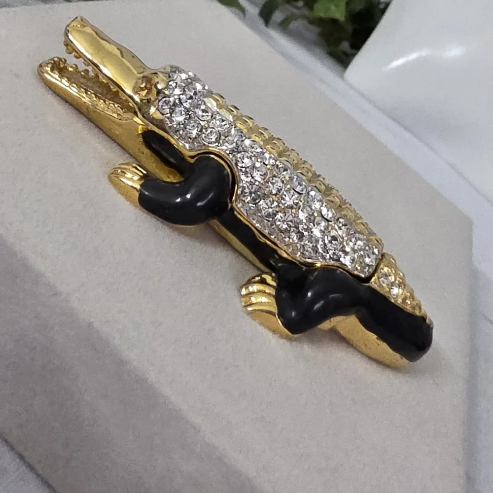 Gold with Cubic Zirconia Alligator Crocodile Trinket Box